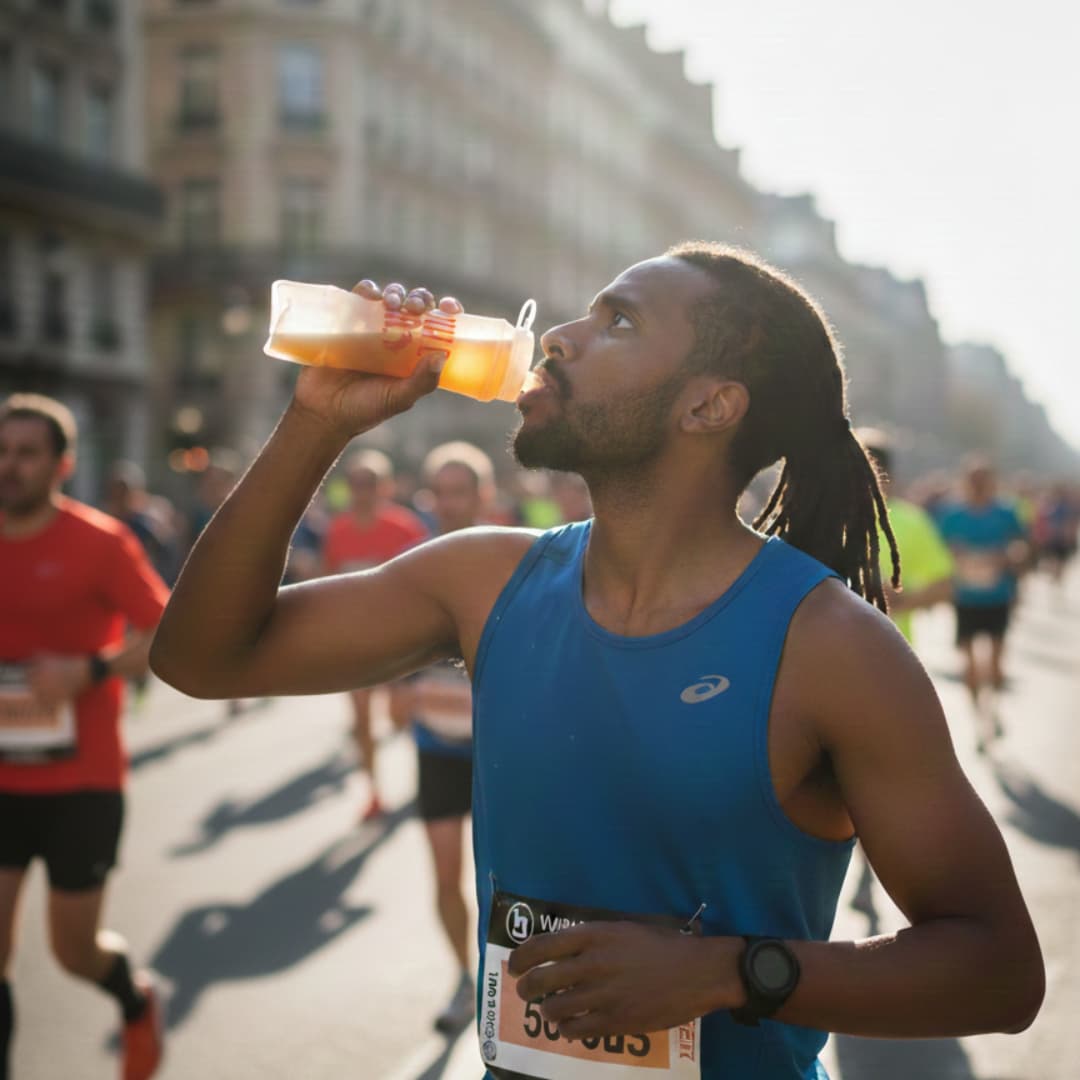 Marathonnien buvant dans une gourde souple Mulebar
