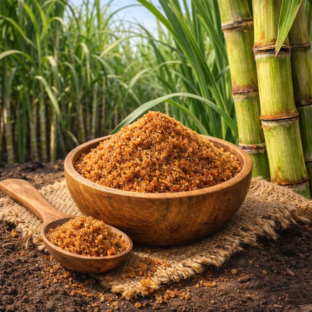 Sucre de canne Rapadura dans un bol au milieu des cannes à sucre