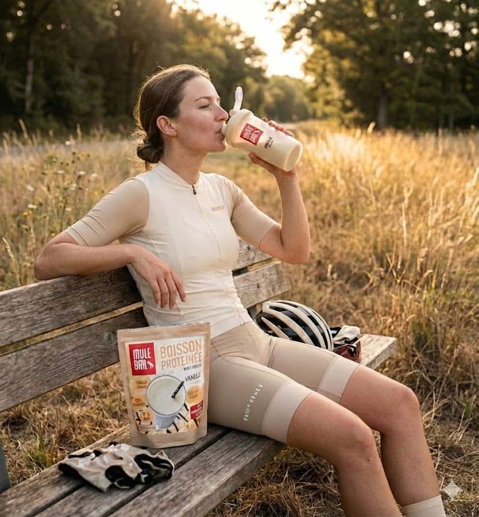 Cycliste buvant de la whey protéine Mulebar
