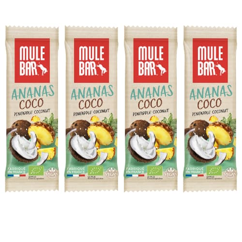 Lot de 4 barres énergétiques bio et vegan Mulebar Ananas Coco Baies de Goji