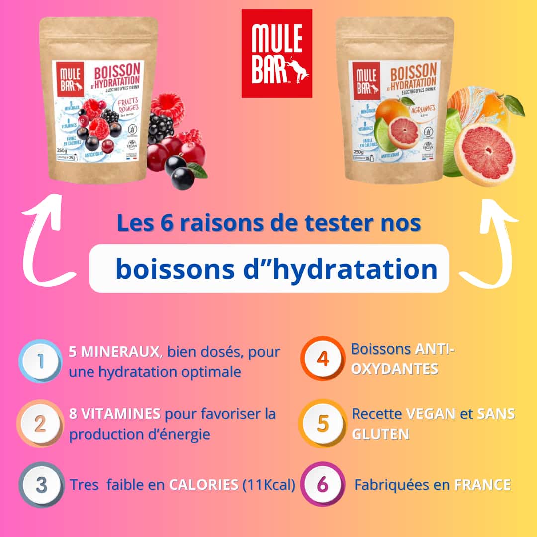 Publicité gamme boissons d'hydratation Mulebar aux agrumes et fruits rouges