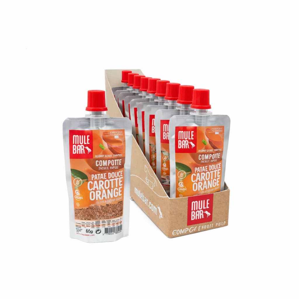 Boite de 10 compotes énergétiques vegan Mulebar patate douce orange carotte