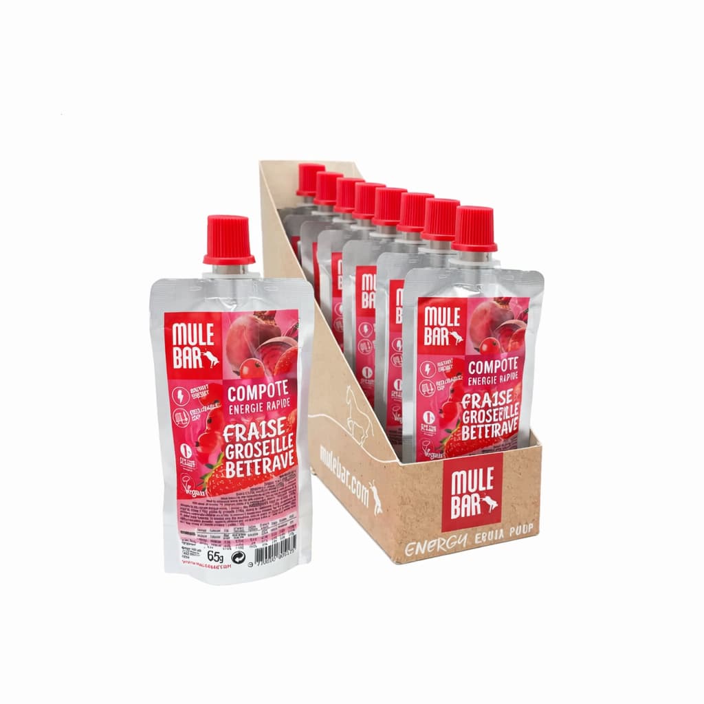 Boite de 10 compotes énergétiques vegan Mulebar fraise groseille betterave
