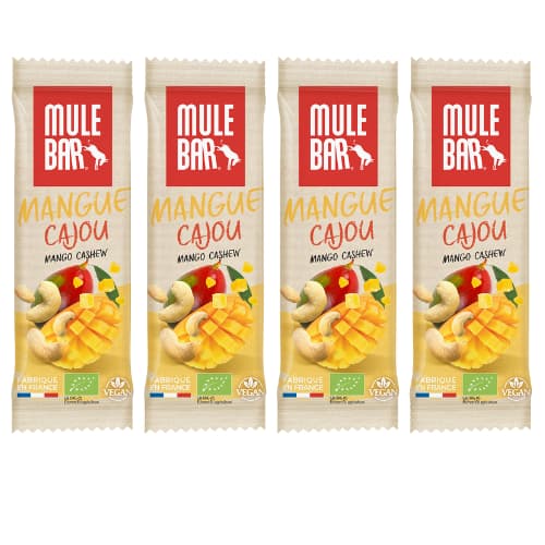 Lot de 4 barres énergétiques biologiques et vegan Mulebar mangue noix de cajou 40g
