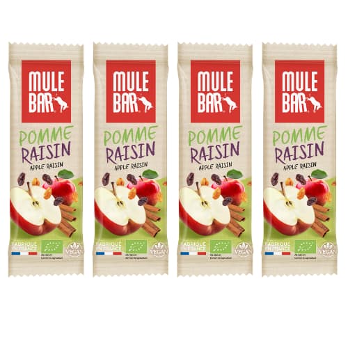 Lot de 4 barres énergétiques bio et vegan Mulebar Pomme raisin Cannelle