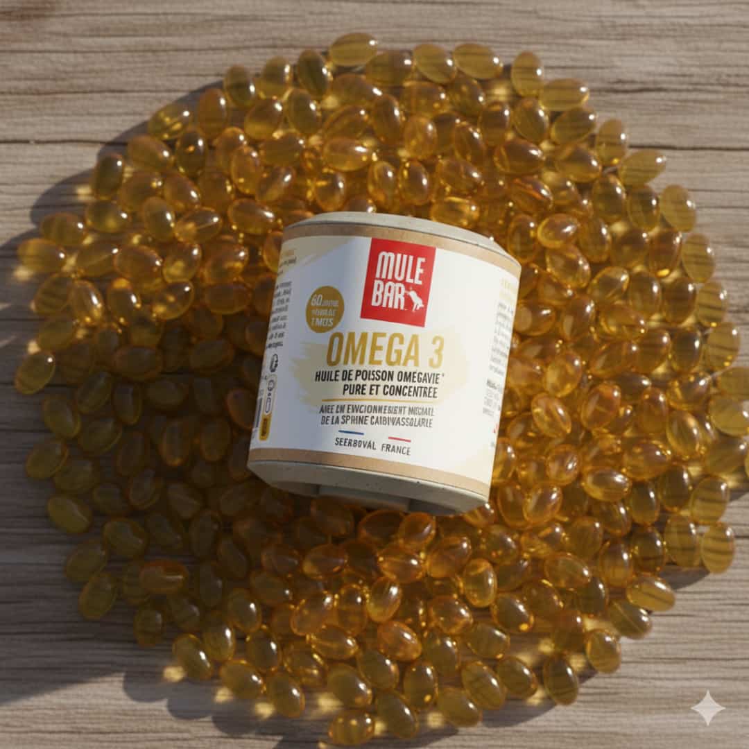 Pot d'omega-3 mulebar au milieu de capsules jaunes
