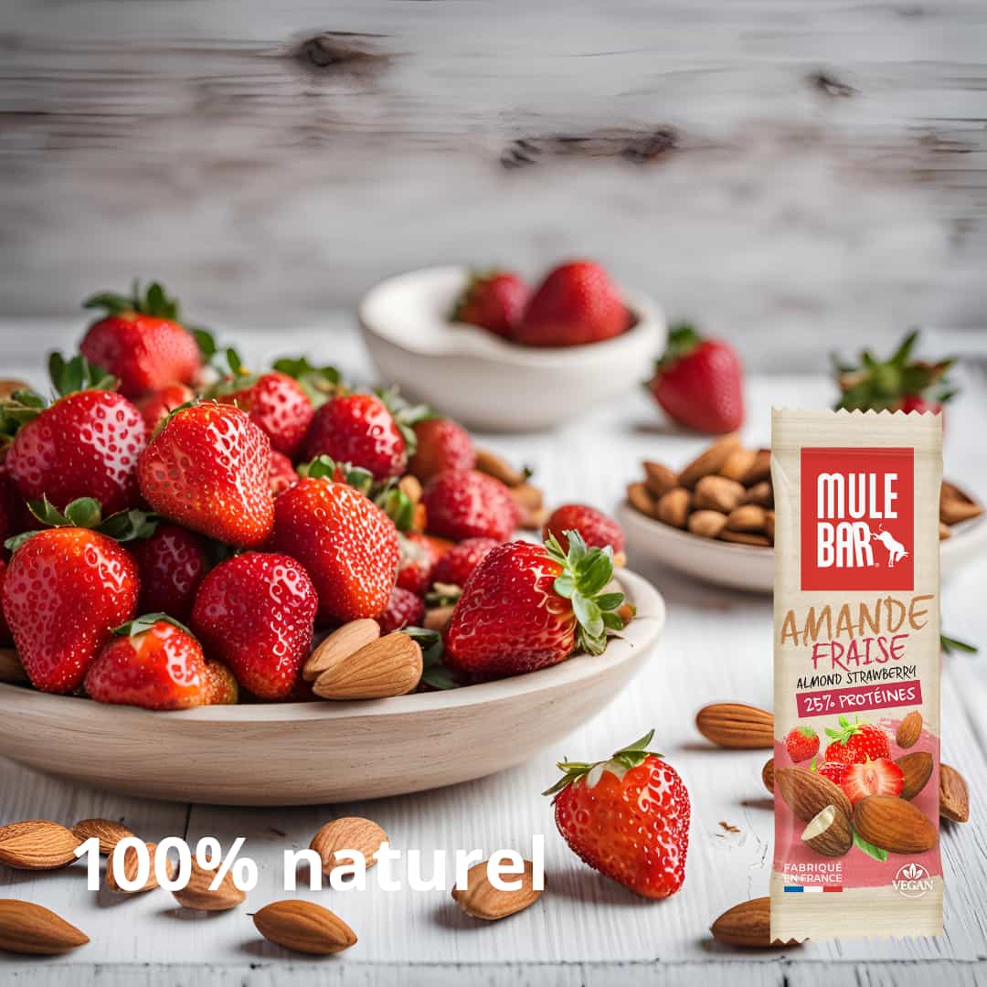 Publicité barre protéinée vegan Mulebar fraise amande 40g
