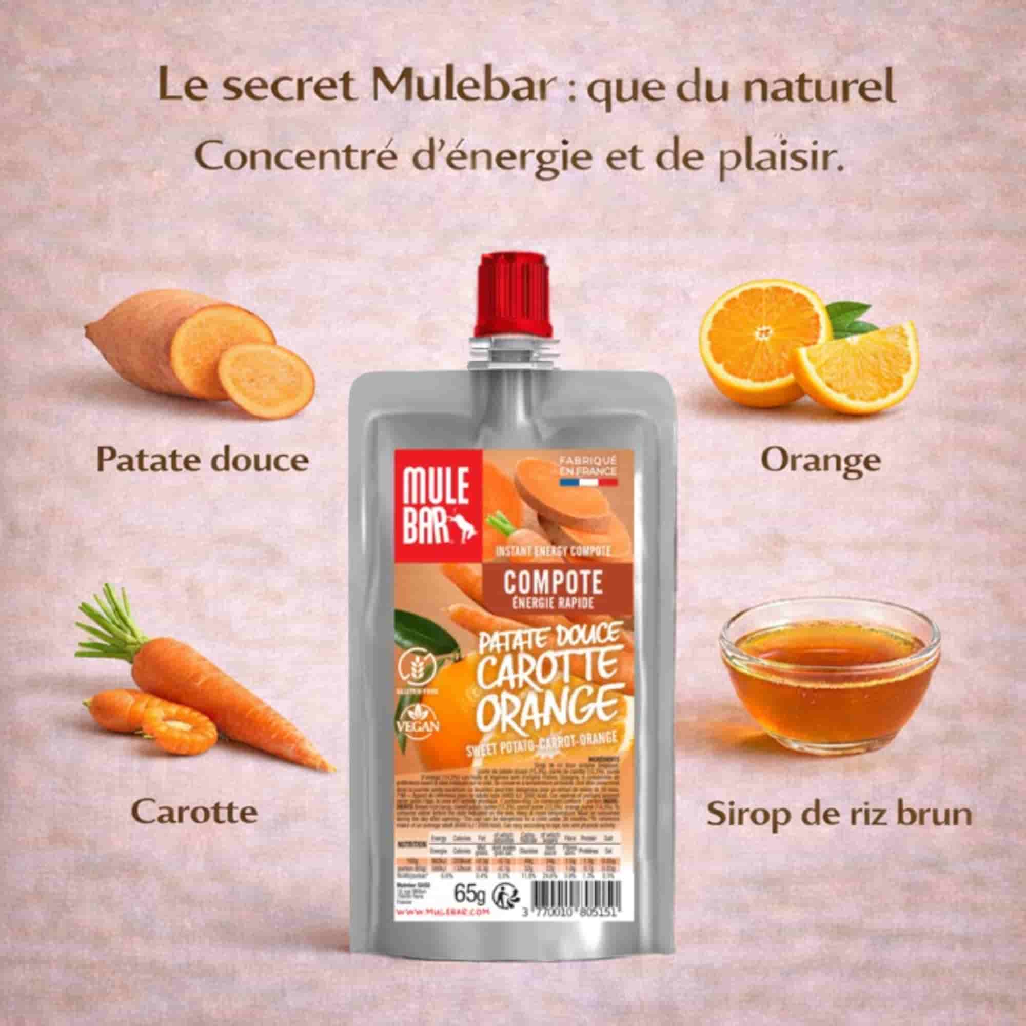 Ingrédients compote énergétique Mulebar patate douce orange carotte