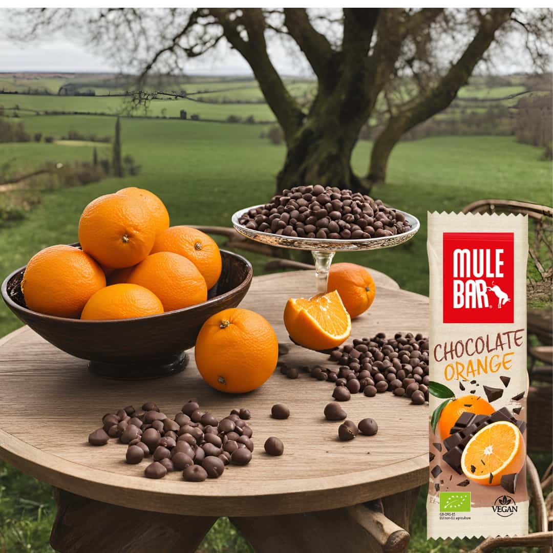 Publicité barre énergétique bio et vegan Mulebar chocolat orange 40g