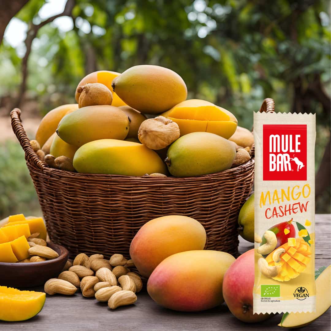 Publicité barre énergétique bio et vegan Mulebar mangue noix de cajou 40g