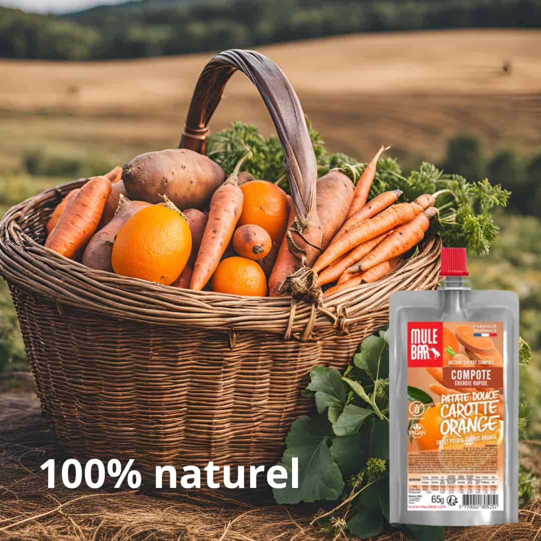 Publicité compote énergétique vegan Mulebar patate douce carotte orange 65g