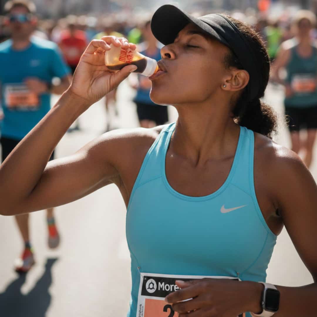Marathonienne en train de boire un gel dans une fiole en silicone