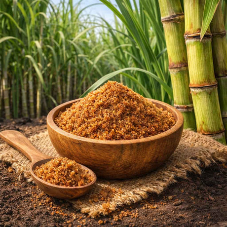 Sucre de canne Rapadura dans un bol au milieu des cannes à sucre