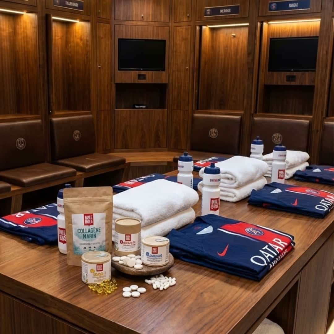 Vestiaire football avec compléments alimentaires Mulebar