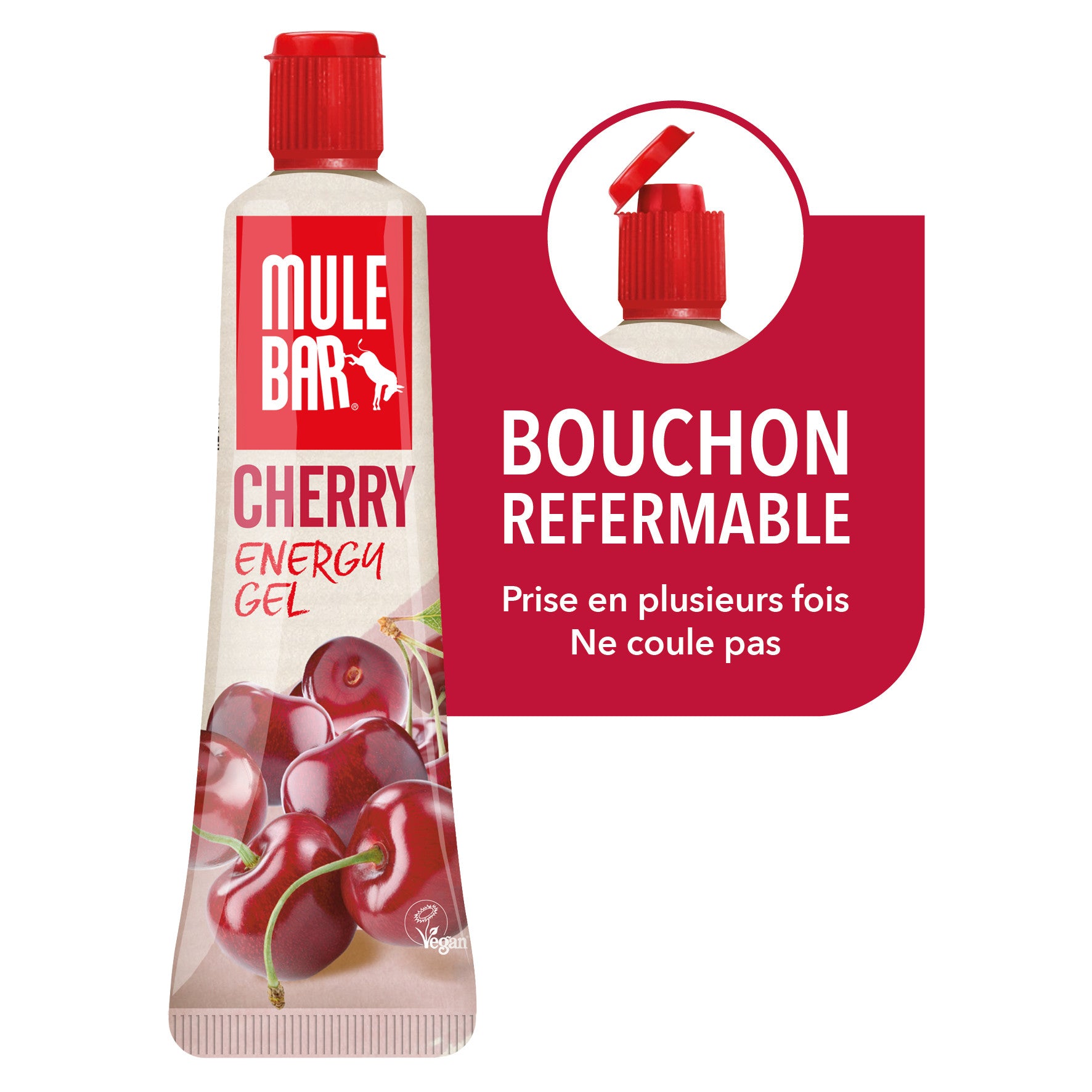 Gel énergétique vegan et sans gluten Mulebar cerise avec bouchon refermable