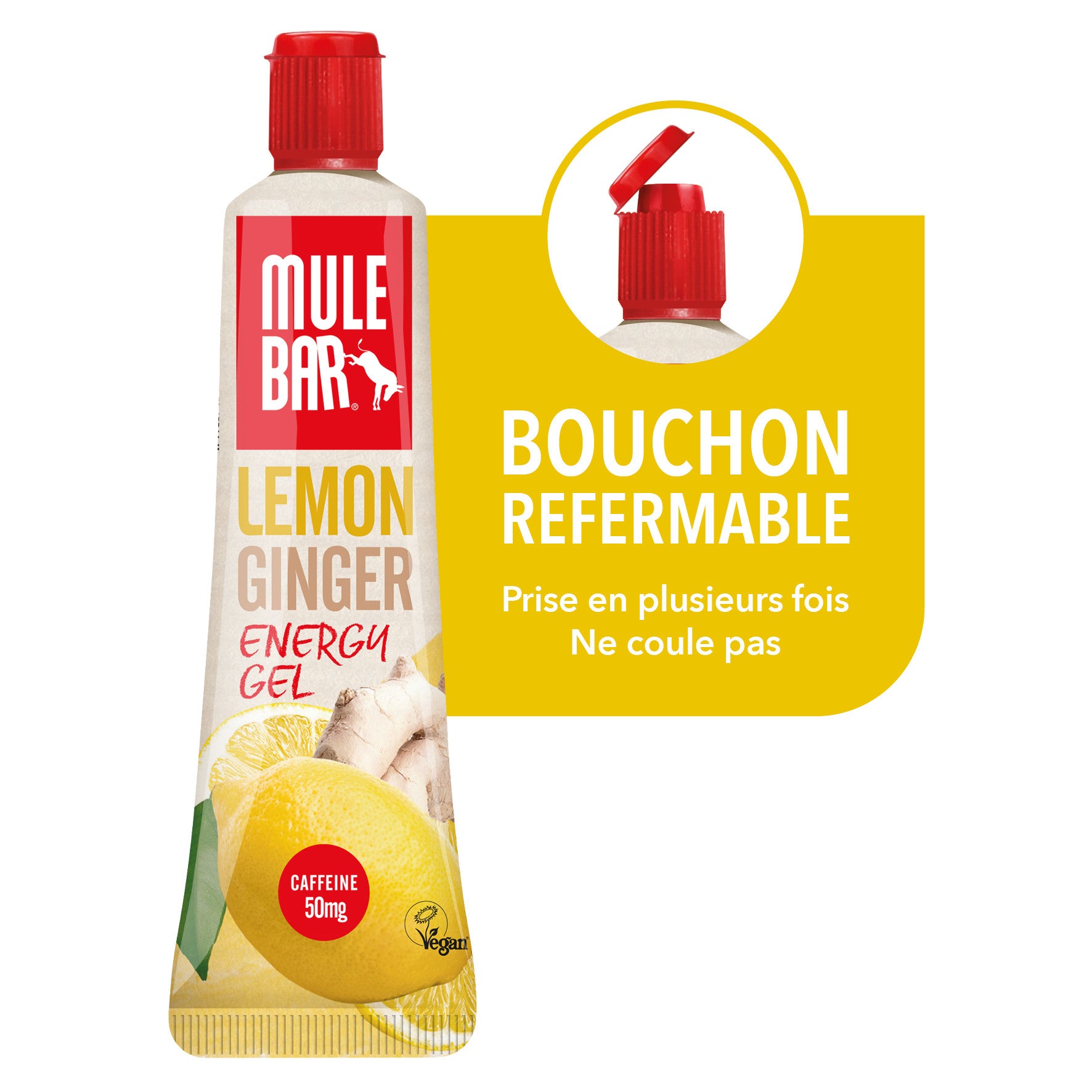 Gel énergétique vegan et sans gluten Mulebar citron gingembre guarana avec bouchon refermable