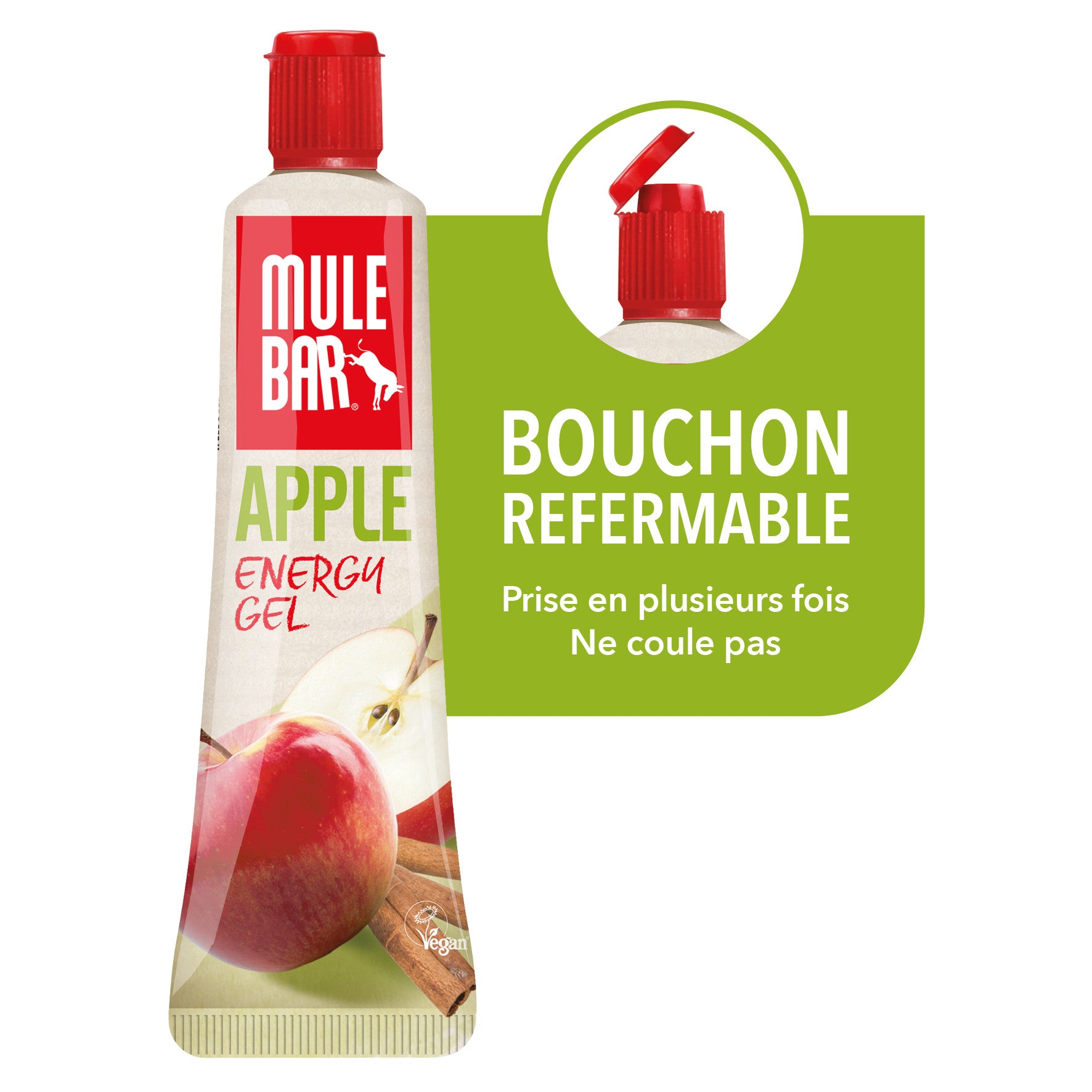 Gel énergétique vegan et sans gluten Mulebar pomme avec bouchon