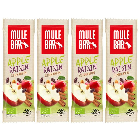 Lot de 4 barres énergétiques bio et vegan Mulebar Pomme raisin Cannelle 