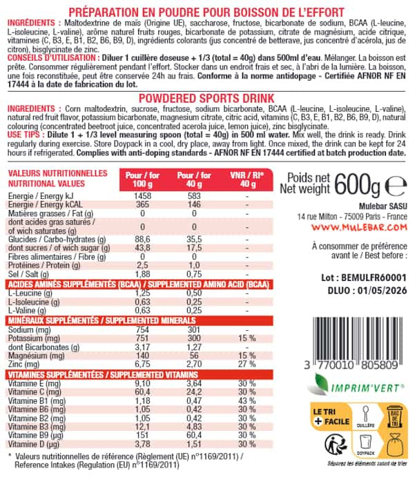 Etiquette verso boisson d'effort en poudre à diluer Mulebar aux fruits rouges