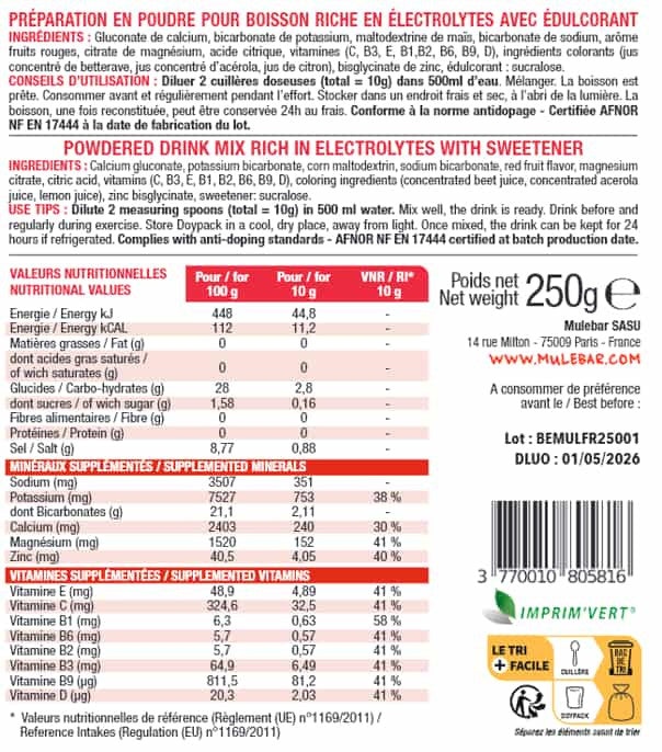 Etiquette verso boisson d'hydratation en poudre à diluer Mulebar aux fruits rouges