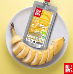 Pubilicté compote énergétique bio et vegan Mulebar banane