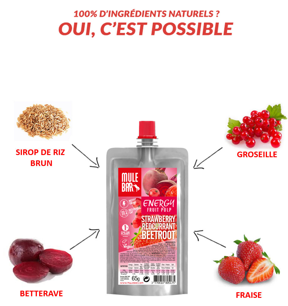 Ingrédients compote énergétique bio et vegan Mulebar fraise groseille betterave