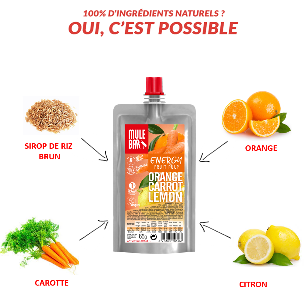 Ingrédients compote énergétique bio et vegan Mulebar orange carotte citron