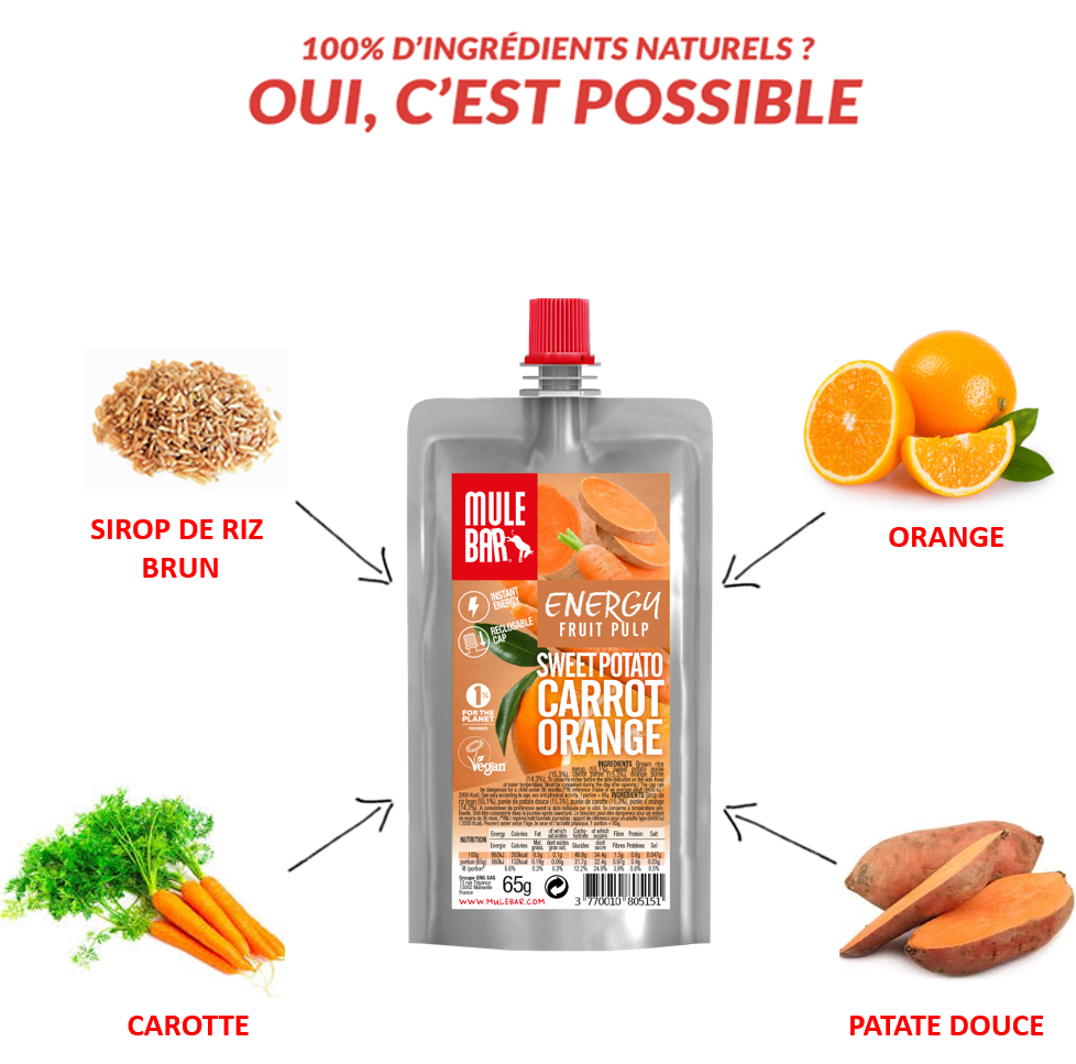 Ingrédients compote énergétique bio et vegan Mulebar patate douce orange carotte