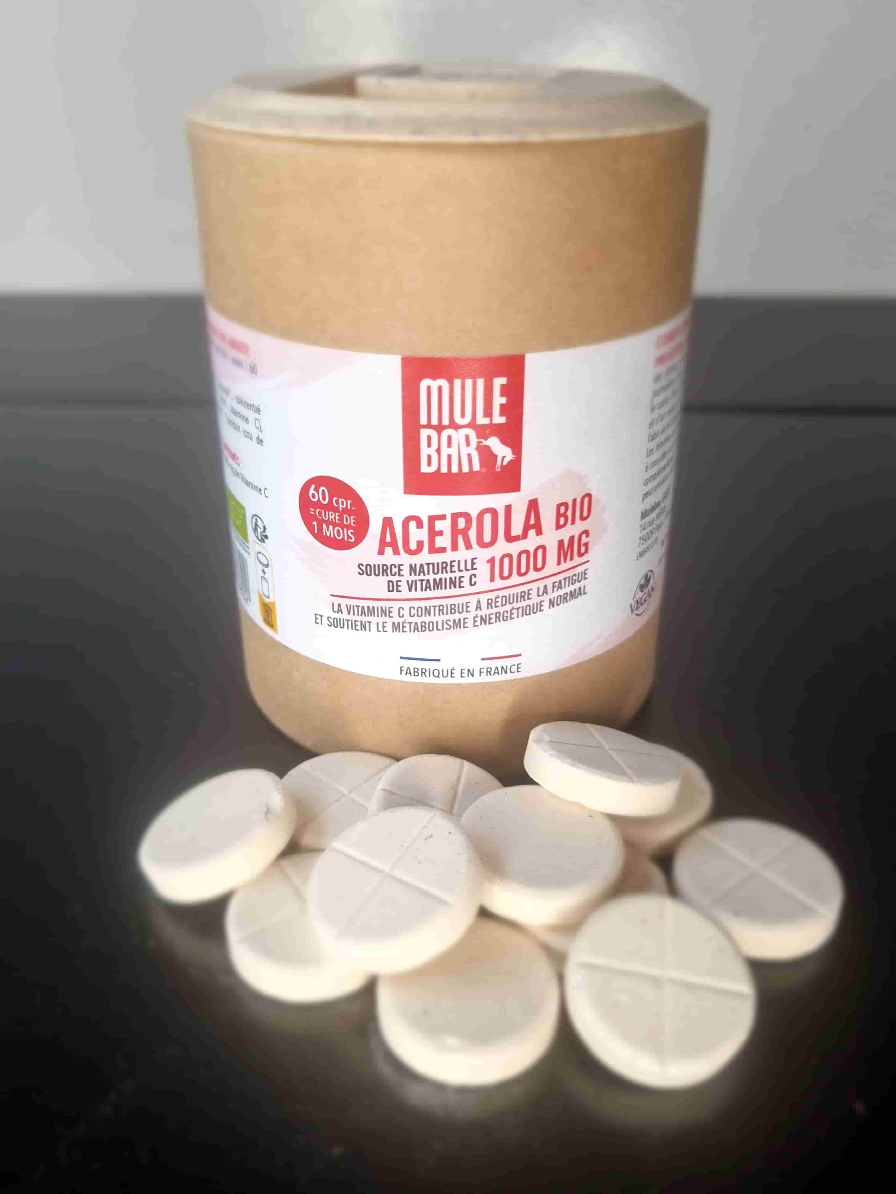 Pilulier acerola bio 1000mg vitamine C Mulebar avec comprimés