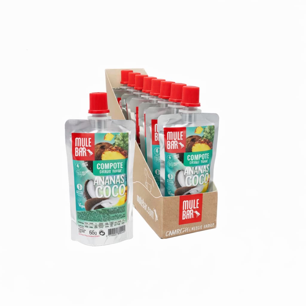 Boite de 10 compotes énergétiques vegan Mulebar ananas coco