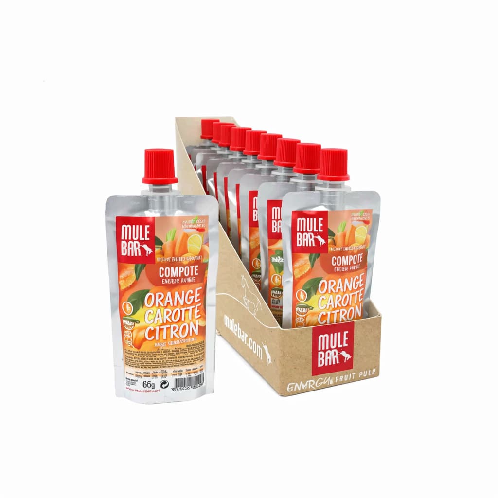 Boite de 10 compotes énergétiques vegan Mulebar orange carotte citron