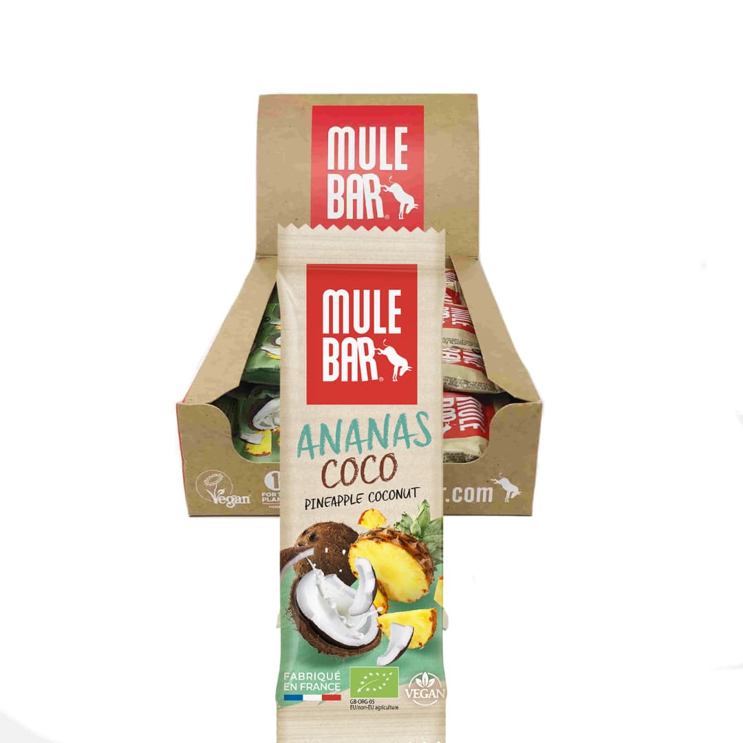 Boite de 15 barres énergétiques bio et vegan Mulebar ananas coco baies de goji