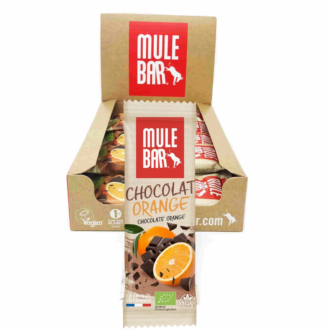 Boite de 15 barres énergétiques bio et vegan Mulebar chocolat orange