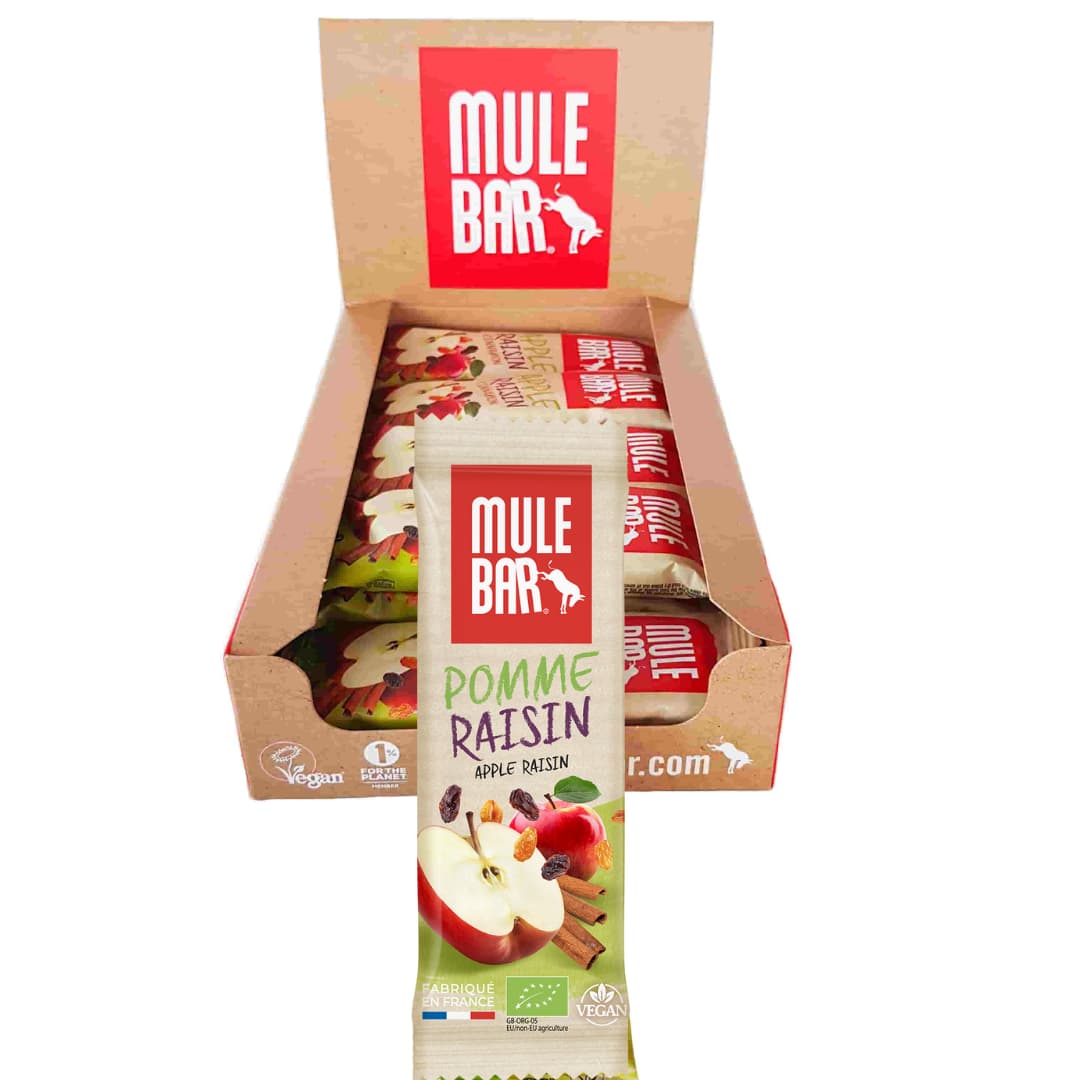 Boite de 15 barres énergétiques bio et vegan Mulebar pomme raisin cannelle