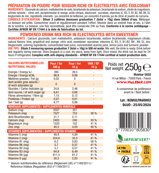 Etiquette verso boisson d'hydratation en poudre à diluer Mulebar aux agrumes