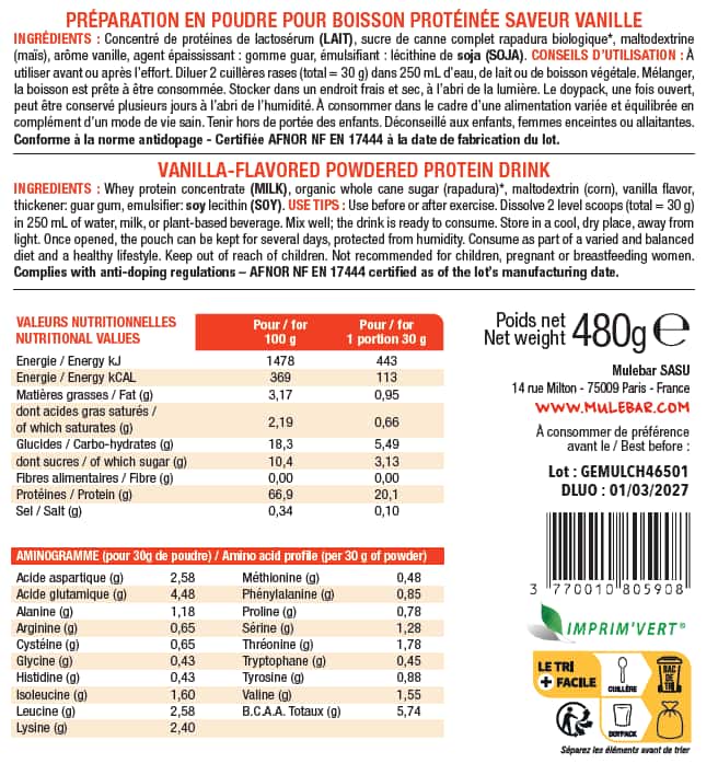 Etiquette verso boisson whey protein Mulebar