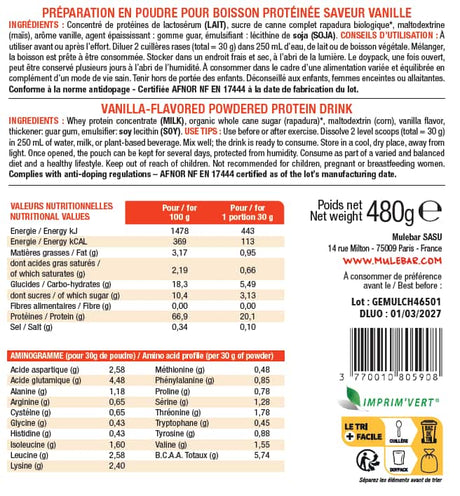 Etiquette verso boisson whey protein Mulebar