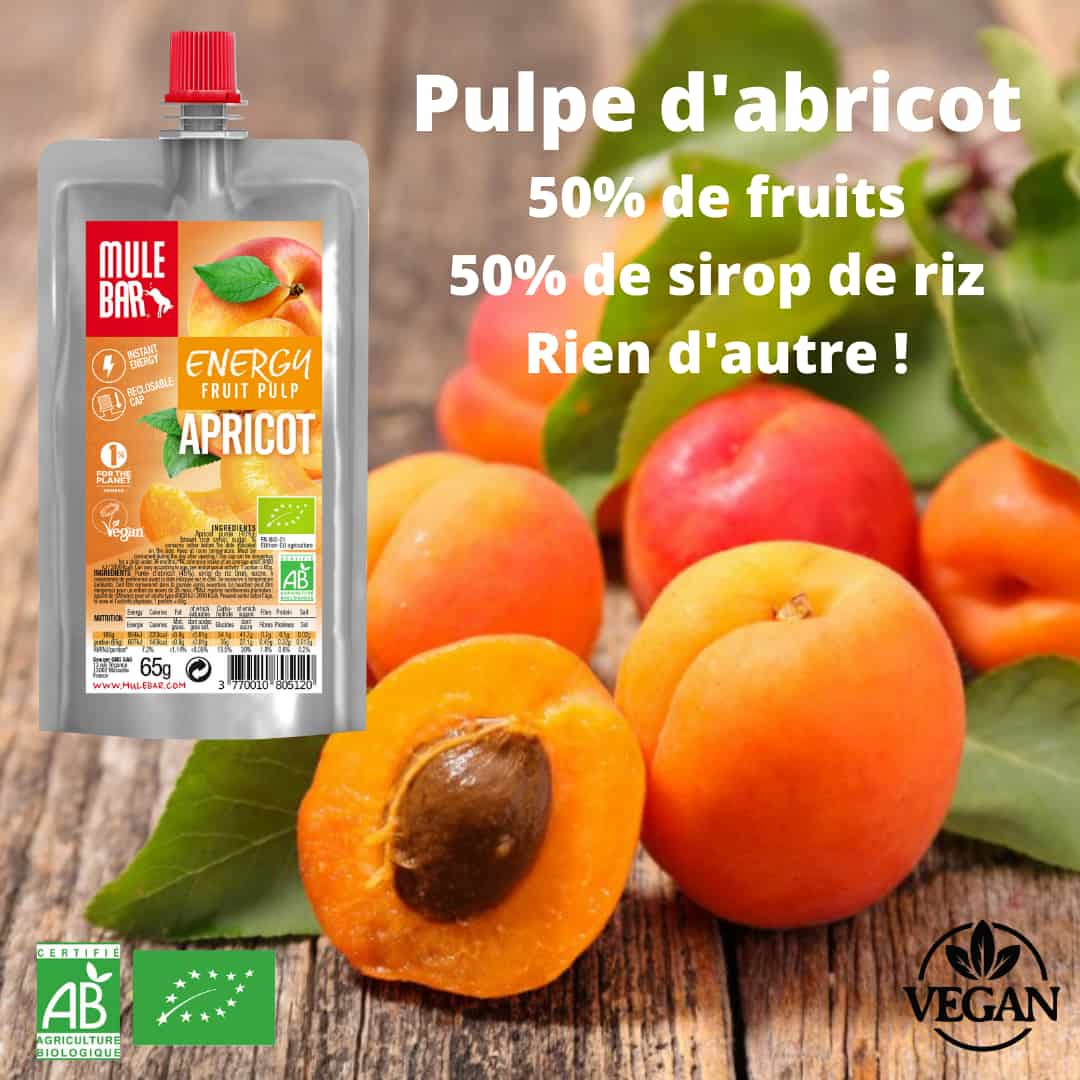 Publicité compote énergétique bio et vegan Mulebar abricot