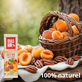Publicité barre énergétique bio et vegan Mulebar abricot noix de pécan 40g