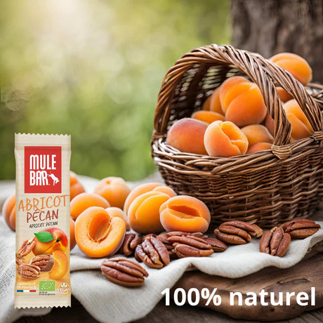 Publicité barre énergétique bio et vegan Mulebar abricot noix de pécan 40g