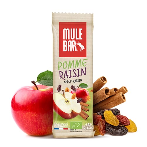 barre énergétique bio et vegan Mulebar Pomme raisin Cannelle 40g