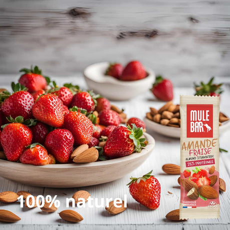 Publicité barre protéinée vegan Mulebar fraise amande 40g
