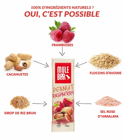 Ingrédients barre énergétique vegan Mulebar cacahuète framboise