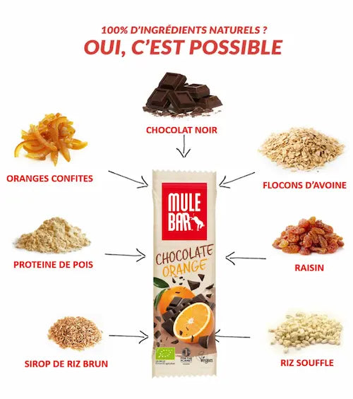 Ingrédients barre énergétique bio et vegan Mulebar Chocolat Orange