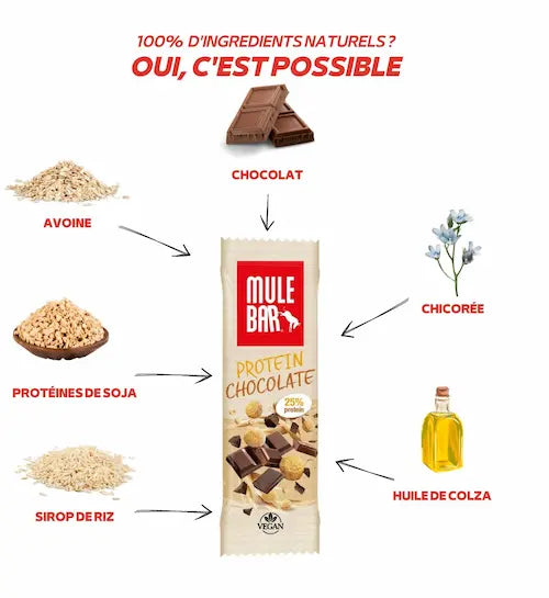 Ingrédients barre protéinée vegan Mulebar Chocolat