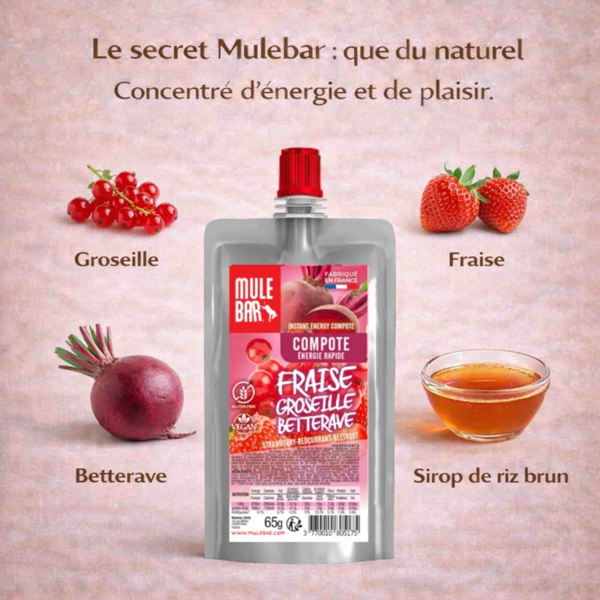 Ingrédients compote énergétique Mulebar fraise groseille betterave