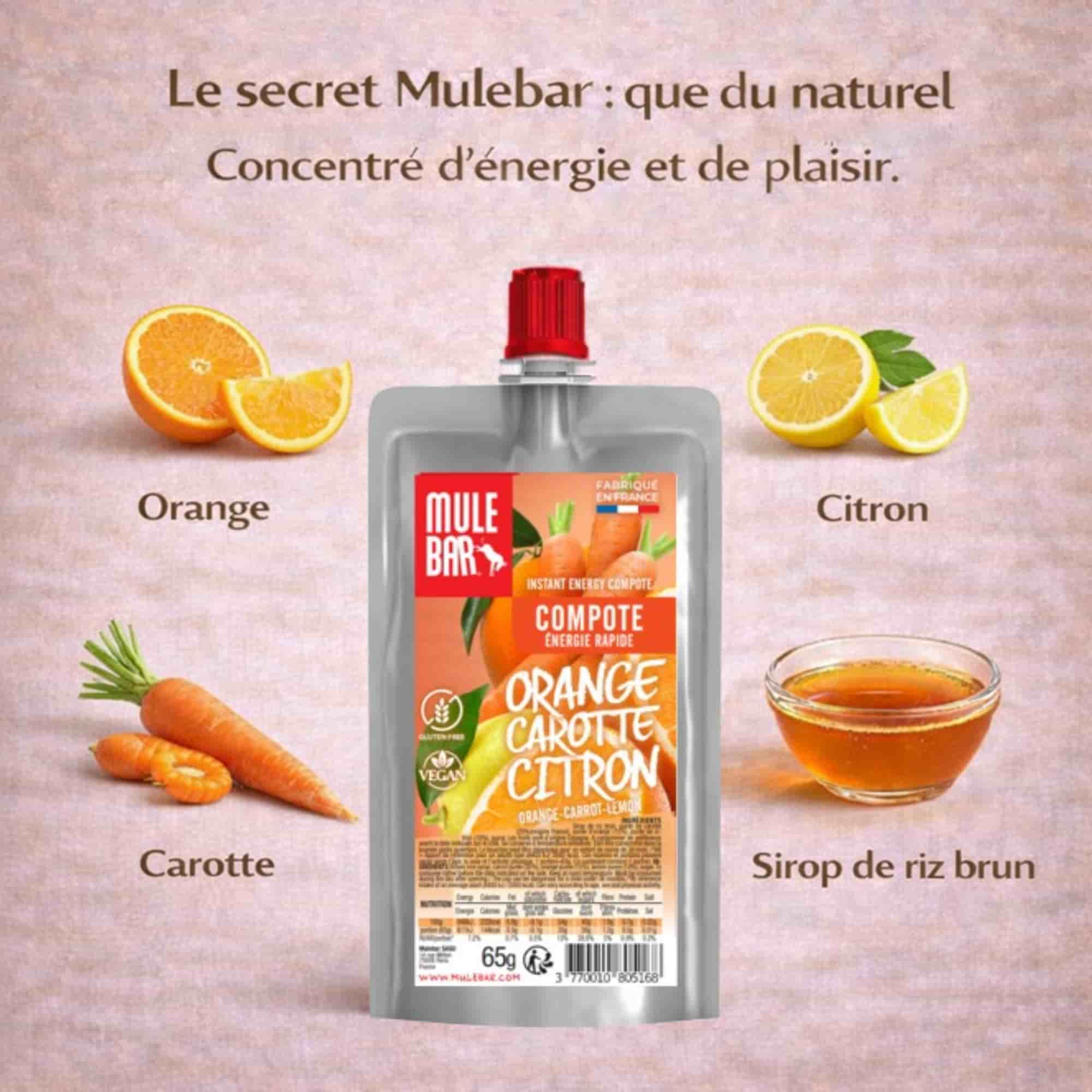Ingrédients compote énergétique Mulebar orange carotte citron