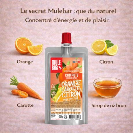 Ingrédients compote énergétique Mulebar orange carotte citron