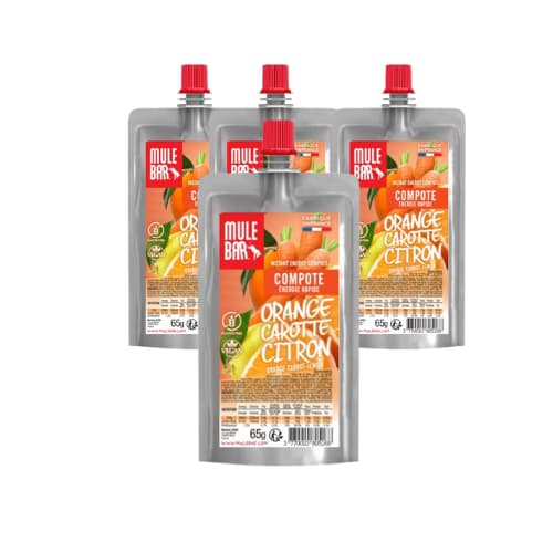 Lot de 4 compotes énergétiques vegan Mulebar orange carotte citron