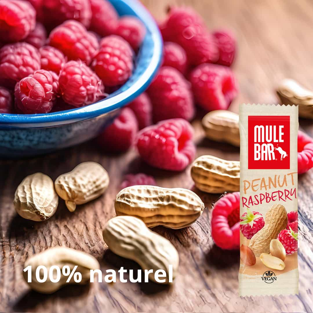 Publicité barre énergétique vegan Mulebar cacahuète framboise 40g